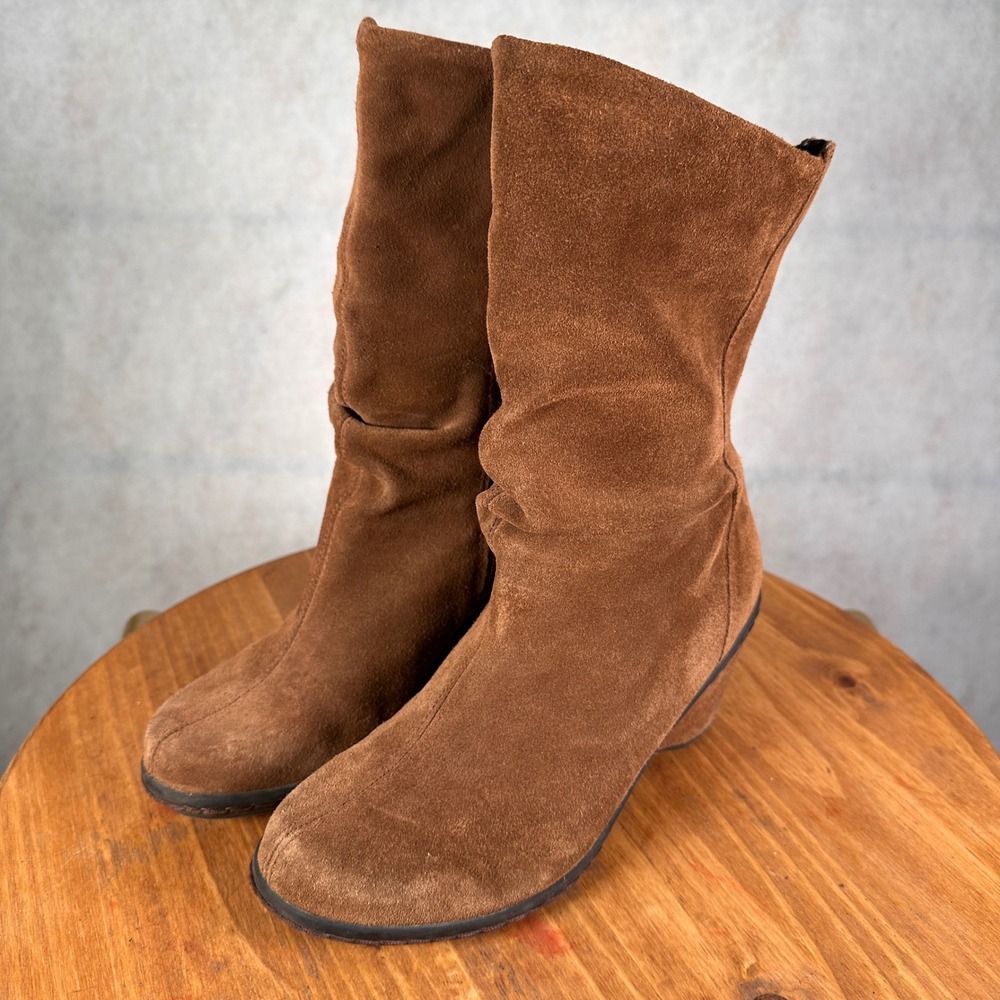Unbranded Suede Slouch Wedge Boots Women 7M Brown Fair Mid Calf Pull On 028-7009